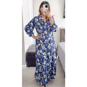 Anna Kay Women's Blue Black Floral Empire Waist Maxi Dress V-Neckline Medium